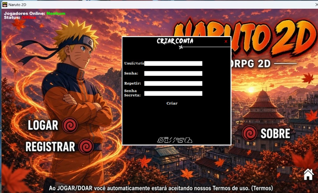 Tela Criar Conta do cliente Naruto 2D